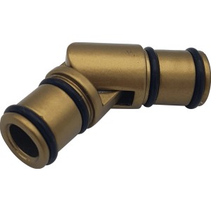 Connettore angolare color oro per binari per tende, primo piano.