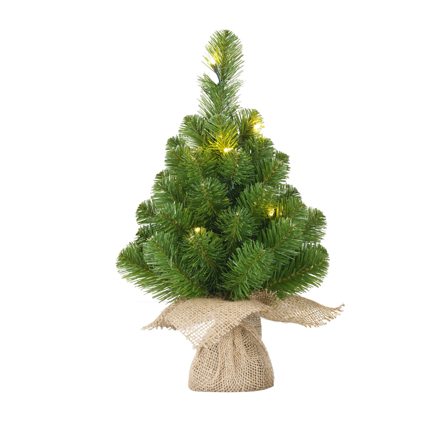 Piccolo albero di Natale artificiale con luci e base in juta.