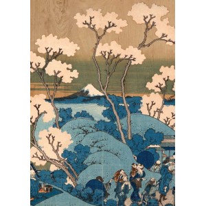 Quadri: Stampa xilografica giapponese con il Monte Fuji e viaggiatori.