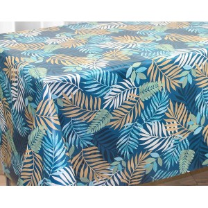 Tovaglia con motivo a foglie tropicali nei toni del blu, verde e oro.