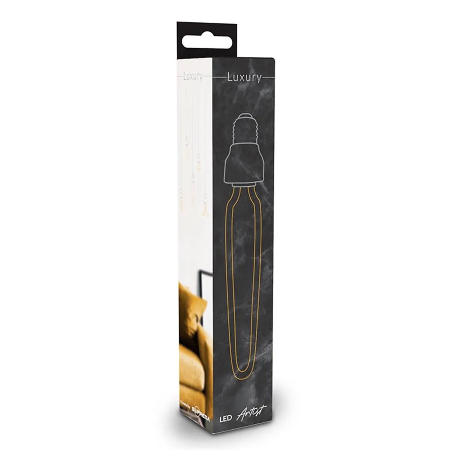 Confezione di una lampadina LED E27 con filamento tubolare.