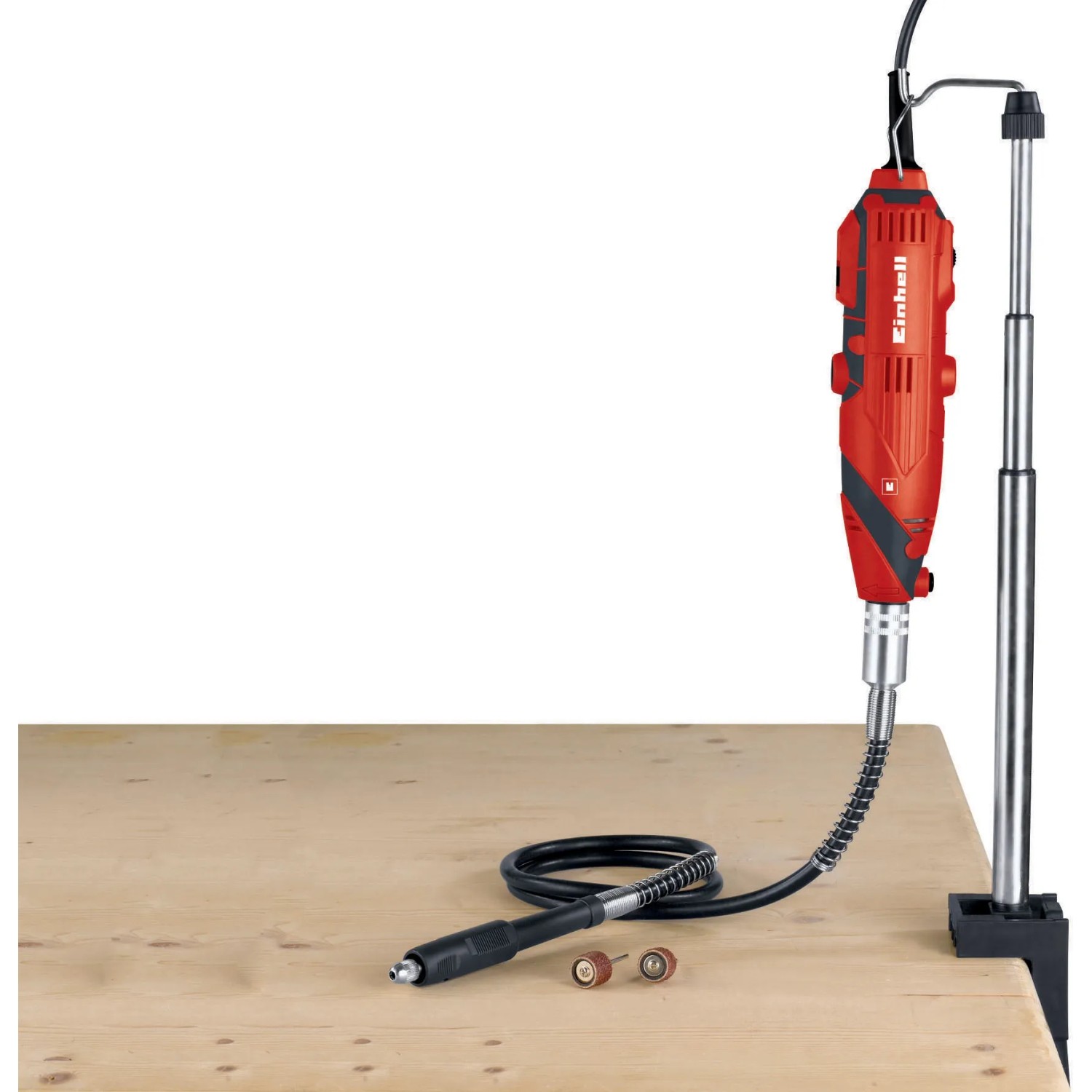Utensile multifunzione Einhell TC-MG 135 E con albero flessibile e morsetto da tavolo.