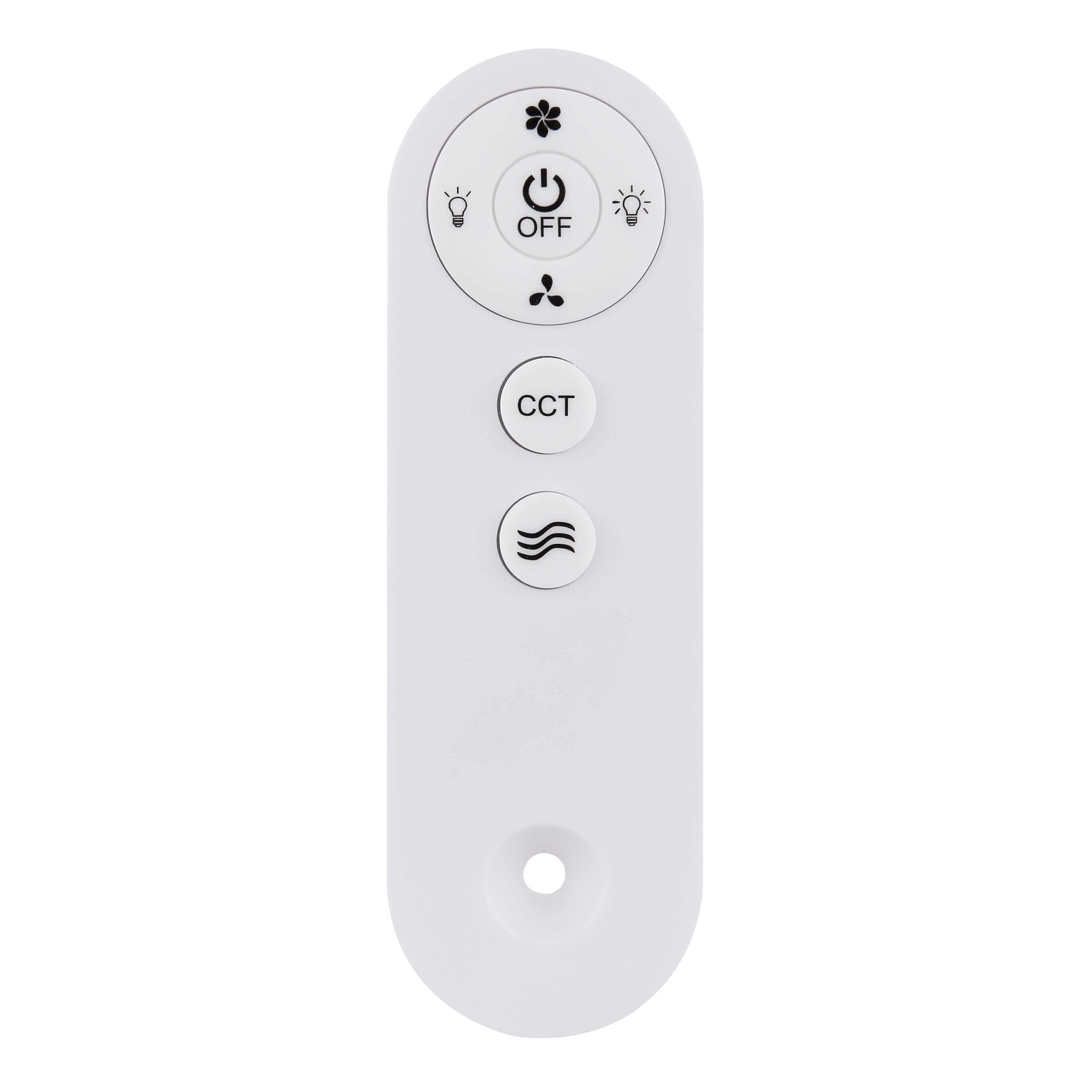 Telecomando bianco per ventilatore con pulsanti per luce, velocità della ventola e CCT.