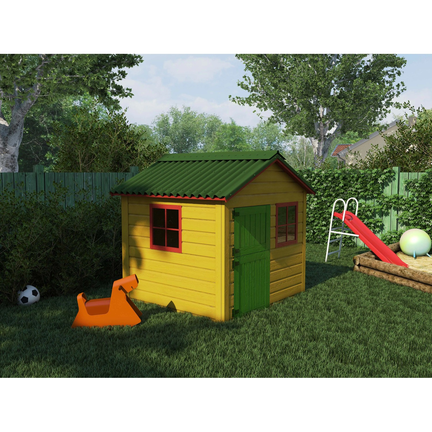 Casetta da gioco gialla con copertura bituminosa verde in giardino.