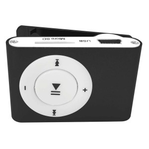 Lettore MP3 t.b.t. nero con clip, pannello di controllo bianco, porta USB e MicroSD.