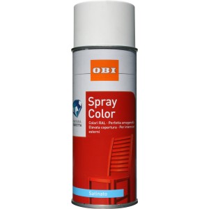 Bomboletta spray OBI con etichetta rossa e motivo sedia. Ideale per verniciare e spruzzare.