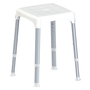Sgabello da doccia bianco con gambe regolabili in alluminio per la sicurezza del bagno.