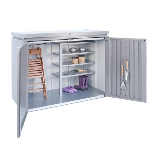 Box da giardino Biohort HighBoard 160 aperta, grigio quarzo metallizzato, con accessori da giardino.