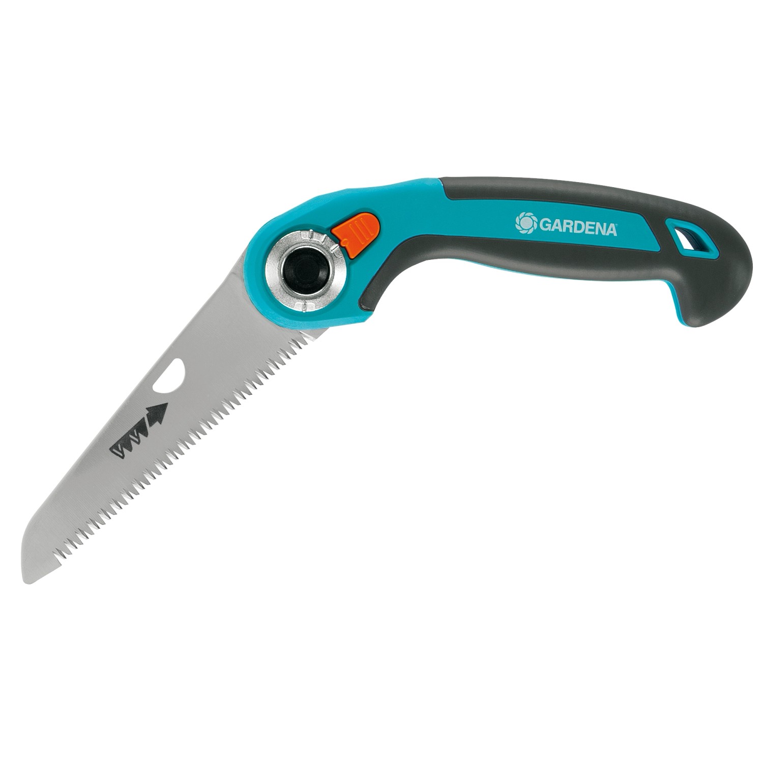 Sega da giardino pieghevole Gardena 135P con manico blu-grigio e lama in metallo.