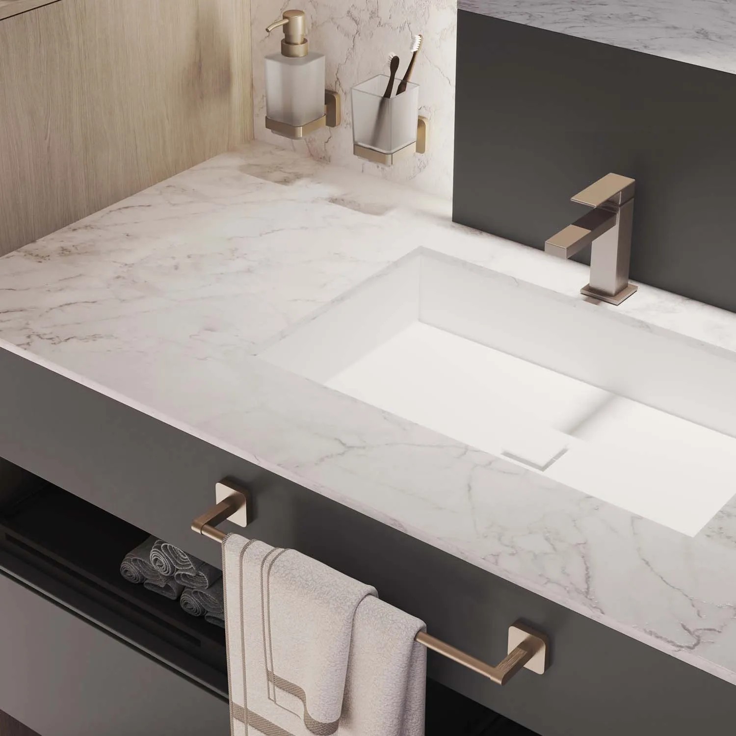 Interno bagno moderno con lavabo, rubinetto e porta carta igienica t.b.t.