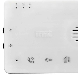 Citofono Urmet bianco con vivavoce, simboli di campanello, apriporta e volume.