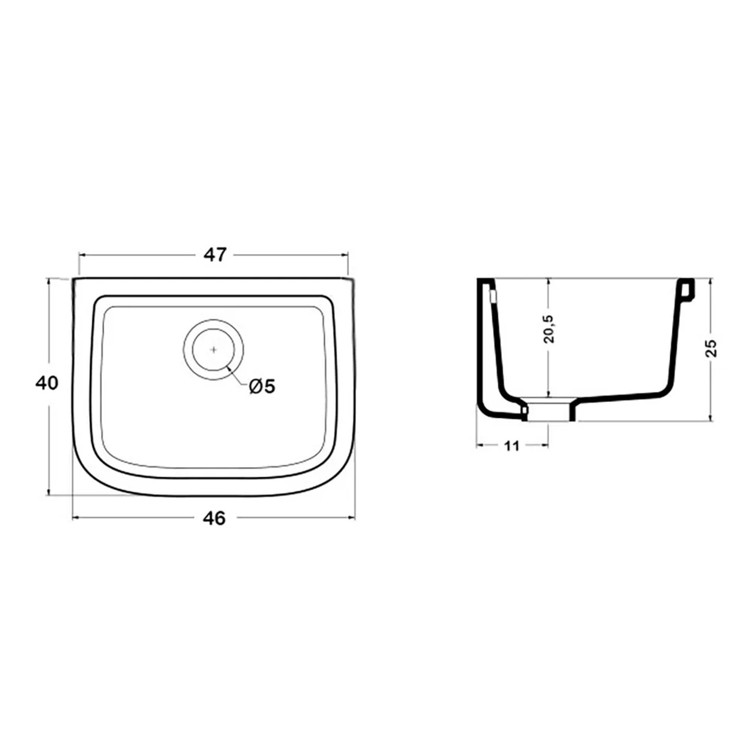 Disegno tecnico del lavabo t.b.t. con dimensioni.