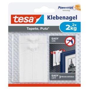 Tesa chiodo adesivo per carta da parati e intonaco, 2x 2kg, in confezione bianca. Mostra applicazione senza trapano, rimovibile.
