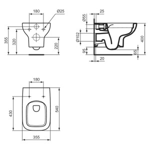 Disegno tecnico WC sospeso t.b.t.: dimensioni e dettagli per l'installazione.