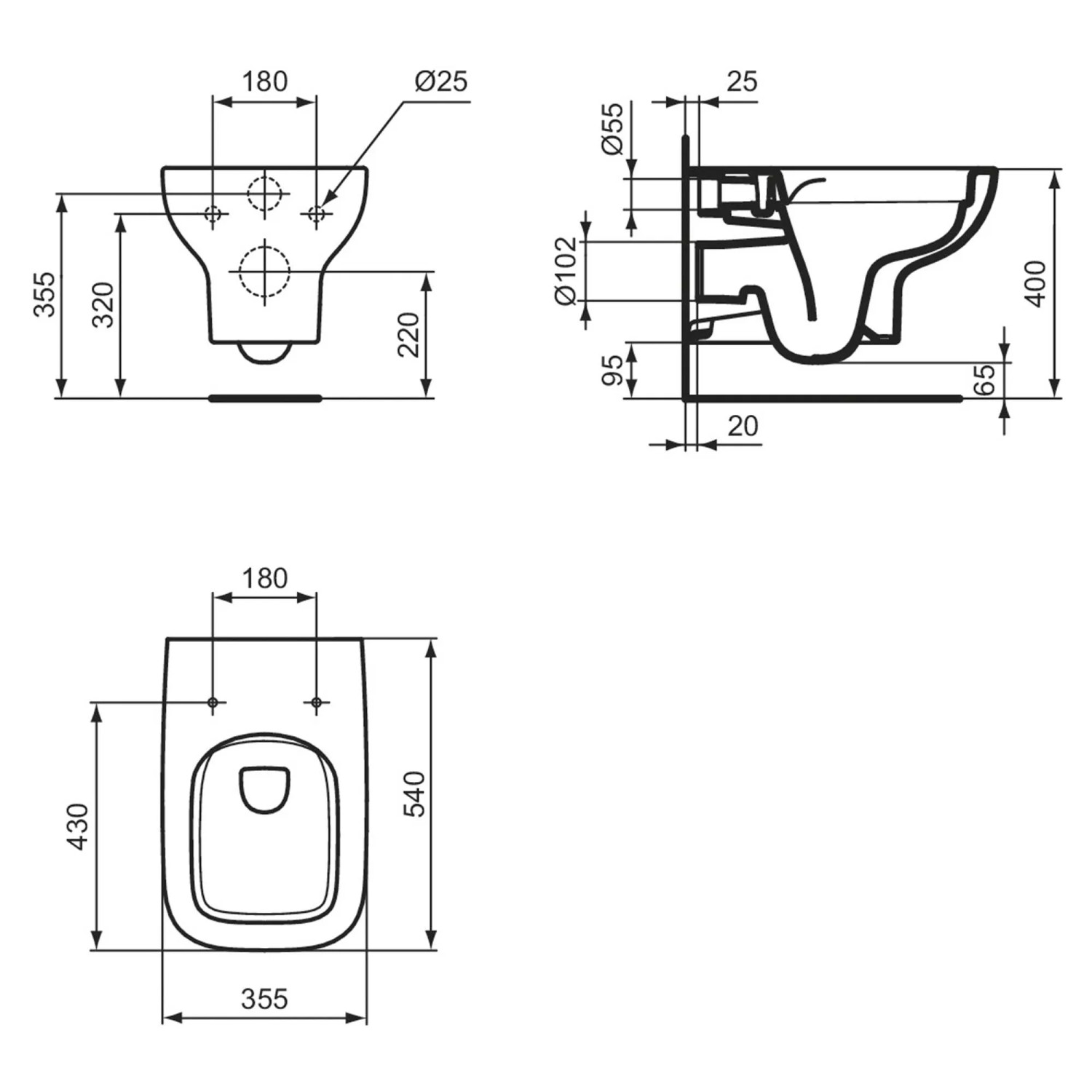 Disegno tecnico WC sospeso t.b.t.: dimensioni e dettagli per l'installazione.