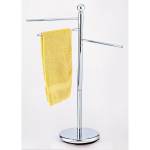 Portasciugamani cromato con 3 bracci girevoli e asciugamano giallo.