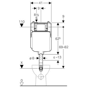 Disegno tecnico di una cassetta WC t.b.t. con dimensioni.