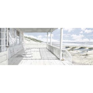 Quadri: Casa sulla spiaggia bianca con veranda, sedia a dondolo e vista mare.