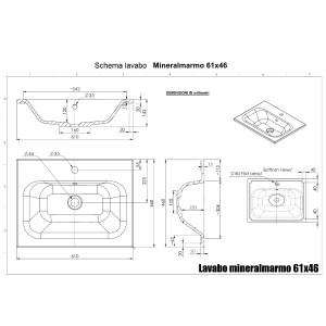Disegno tecnico lavabo singolo t.b.t. in mineralmarmo 61x46 con dimensioni.