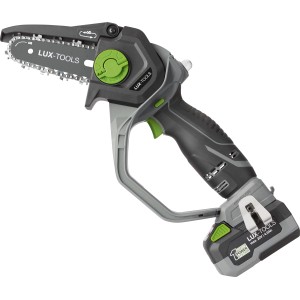 LUX Sega per potatura a batteria 20 V PowerSystem Set: Motosega compatta a una mano per giardino e legno, incl. batteria.