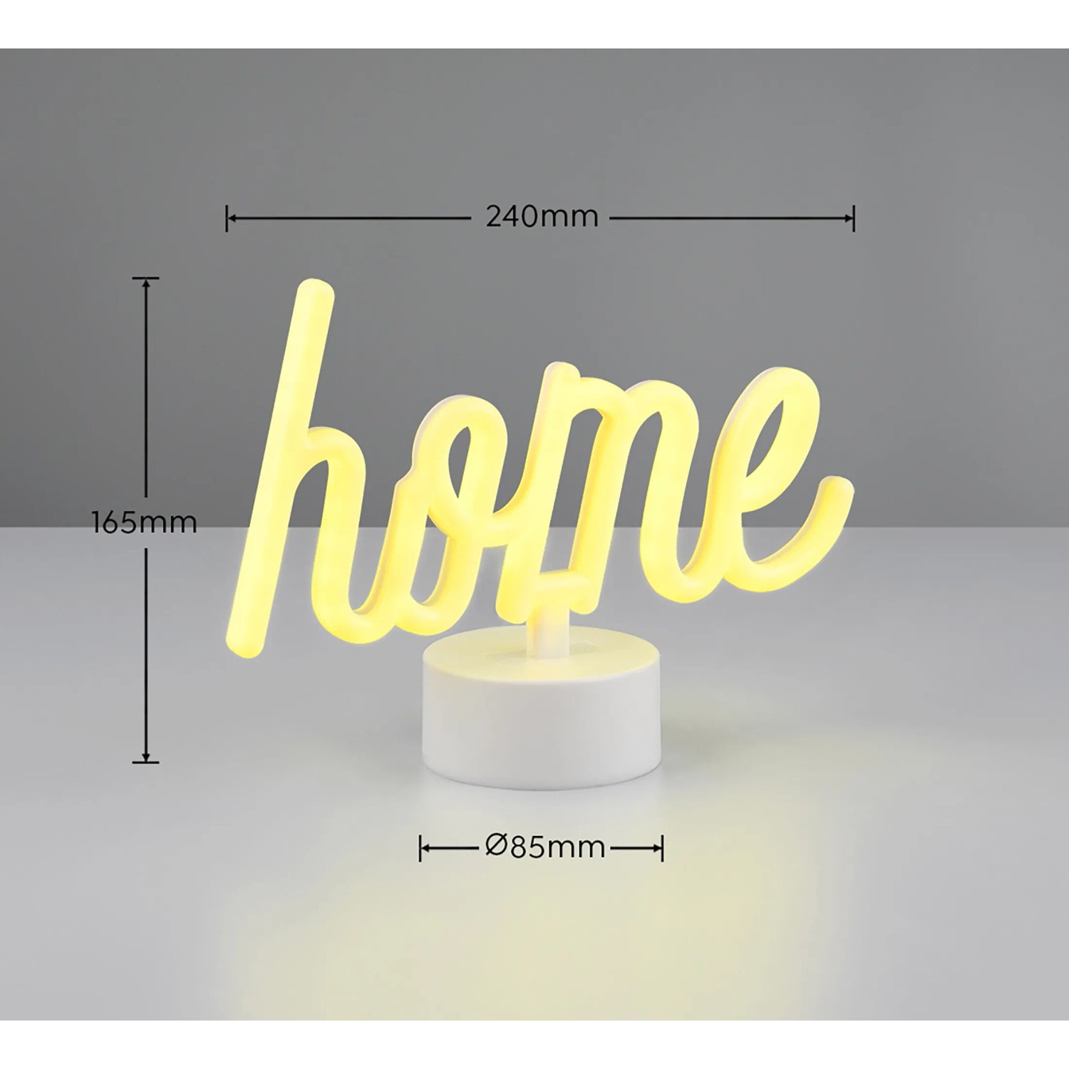 Lampada da tavolo LED Casa bianca con scritta "Home" gialla, a batteria, per luce accogliente.