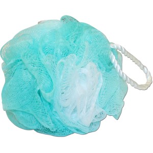Spugna da bagno turchese con accento bianco e anello per il bagno.