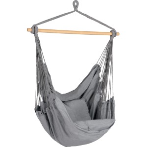 Sedia sospesa grigia con cuscino e barra di legno per ore di relax.