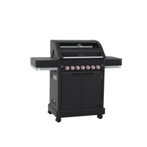 Barbecue a gas t.b.t. nero con ripiani laterali e mobiletto.