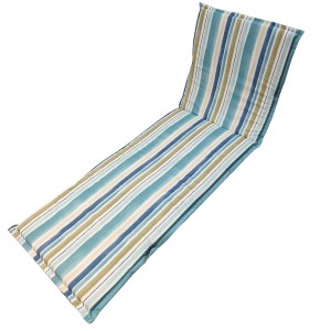 Cuscino a righe blu-verde per lettino da giardino.