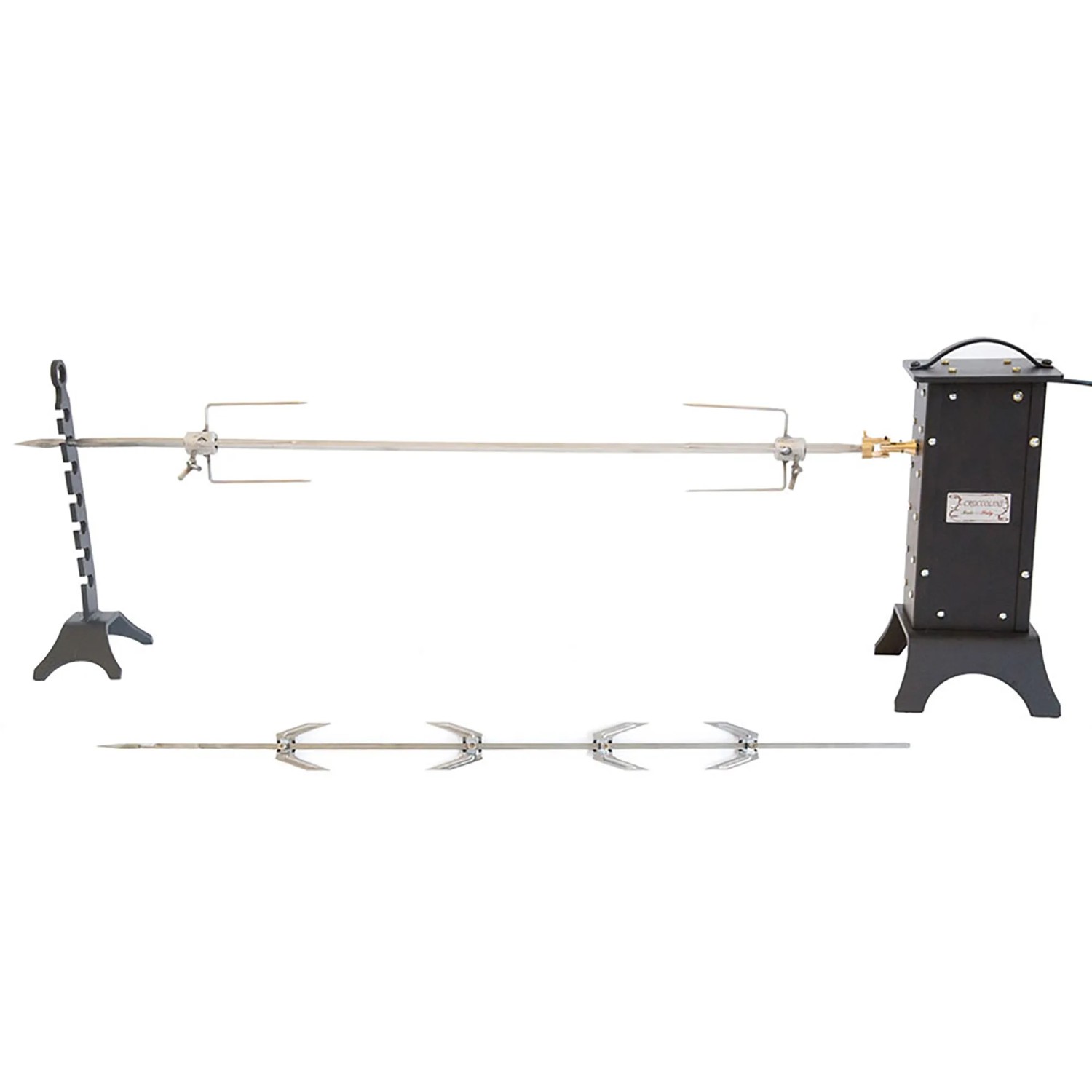 Set spiedo per barbecue a carbonella, composto da motore, spiedo e supporto.