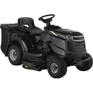 Trattorino tagliaerba nero Alpina AT4 98 HA con cesto di raccolta.