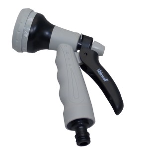Pistola a spruzzo da giardino grigia con manico nero per irrigazione.