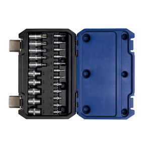 Set di chiavi a bussola LUX Comfort, 22 pezzi, con varie punte e bussole in una custodia blu.