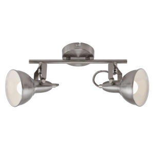 Faretto LED moderno t.b.t. con due faretti in nickel spazzolato. Ideale come plafoniera.