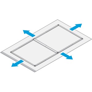 Illustrazione: Telaio pieghevole regolabile bianco Tesa per porta zanzariera con frecce blu.