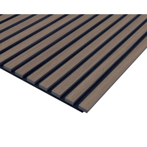 Pannello acustico in legno con listelli marroni per l'assorbimento acustico.