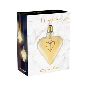 Confezione di una lampadina LED E27 a forma di cuore con filamento a cuore dorato.