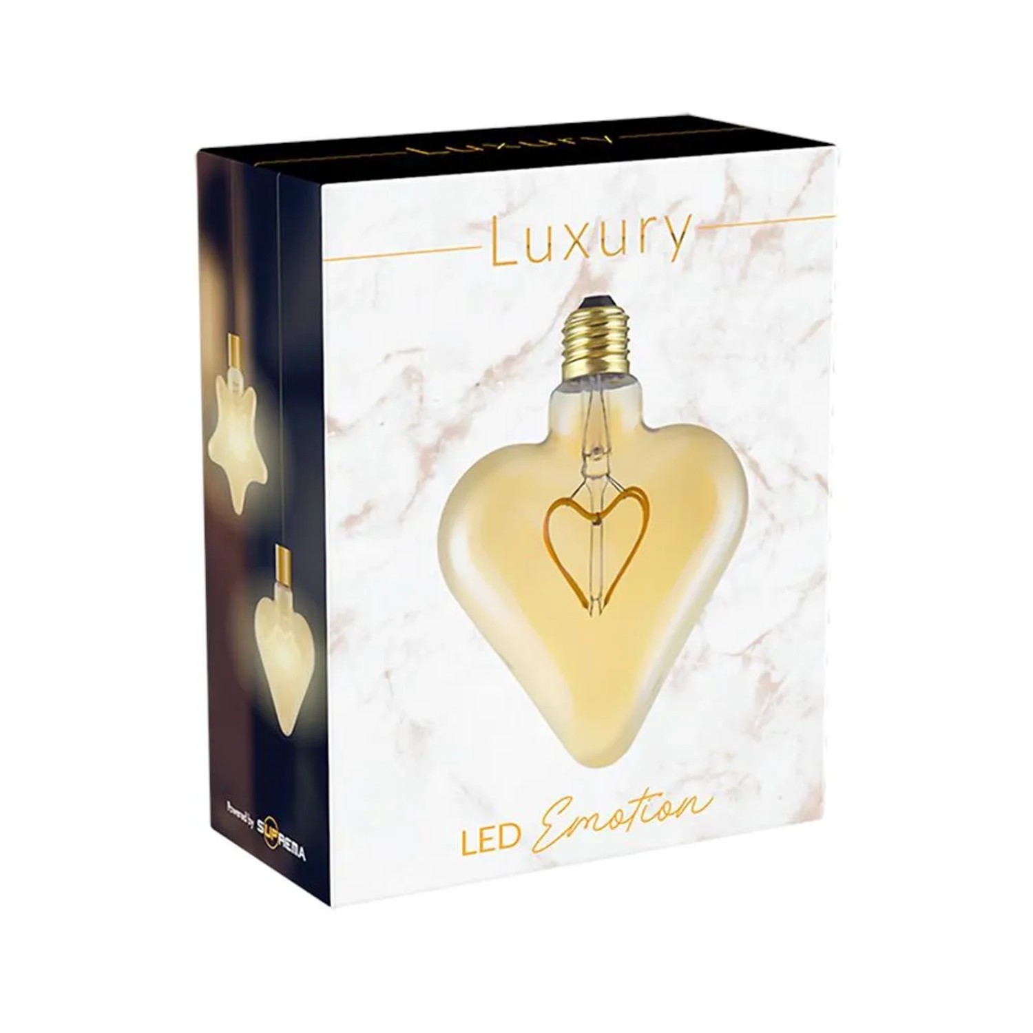 Confezione di una lampadina LED E27 a forma di cuore con filamento a cuore dorato.