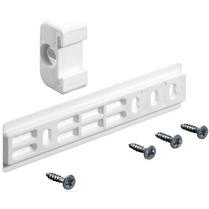 Set cerniera a traino Hettich per trasformazioni frigorifero, composto da guida, trascinatore e viti.