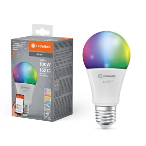 Lampadina LED Ledvance Smart+ WiFi, forma a bulbo, E27, cambio colore RGBW. Lampadina smart con funzione colore.