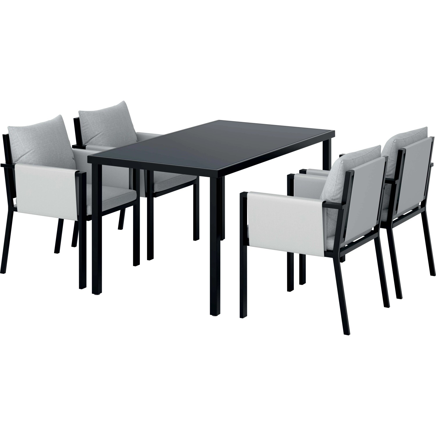 Set di mobili da giardino moderno con tavolo e quattro sedie in nero e grigio.