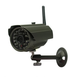 Telecamera di videosorveglianza wireless, con antenna e supporto a parete.