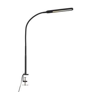 Lampada da tavolo LED nera con morsetto per illuminazione flessibile.