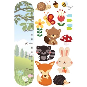 Adesivi da parete t.b.t. con animali del bosco e misuratore per cameretta.