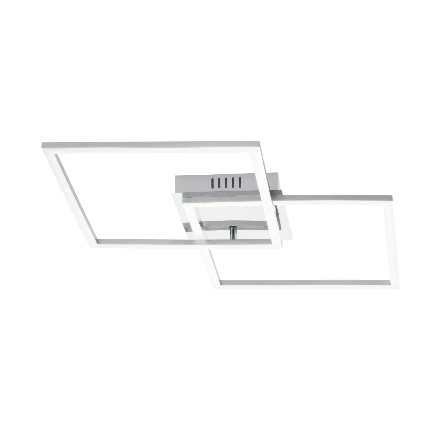 Moderna plafoniera LED Eglo Palmaves 1 con due quadrati in alluminio spazzolato.