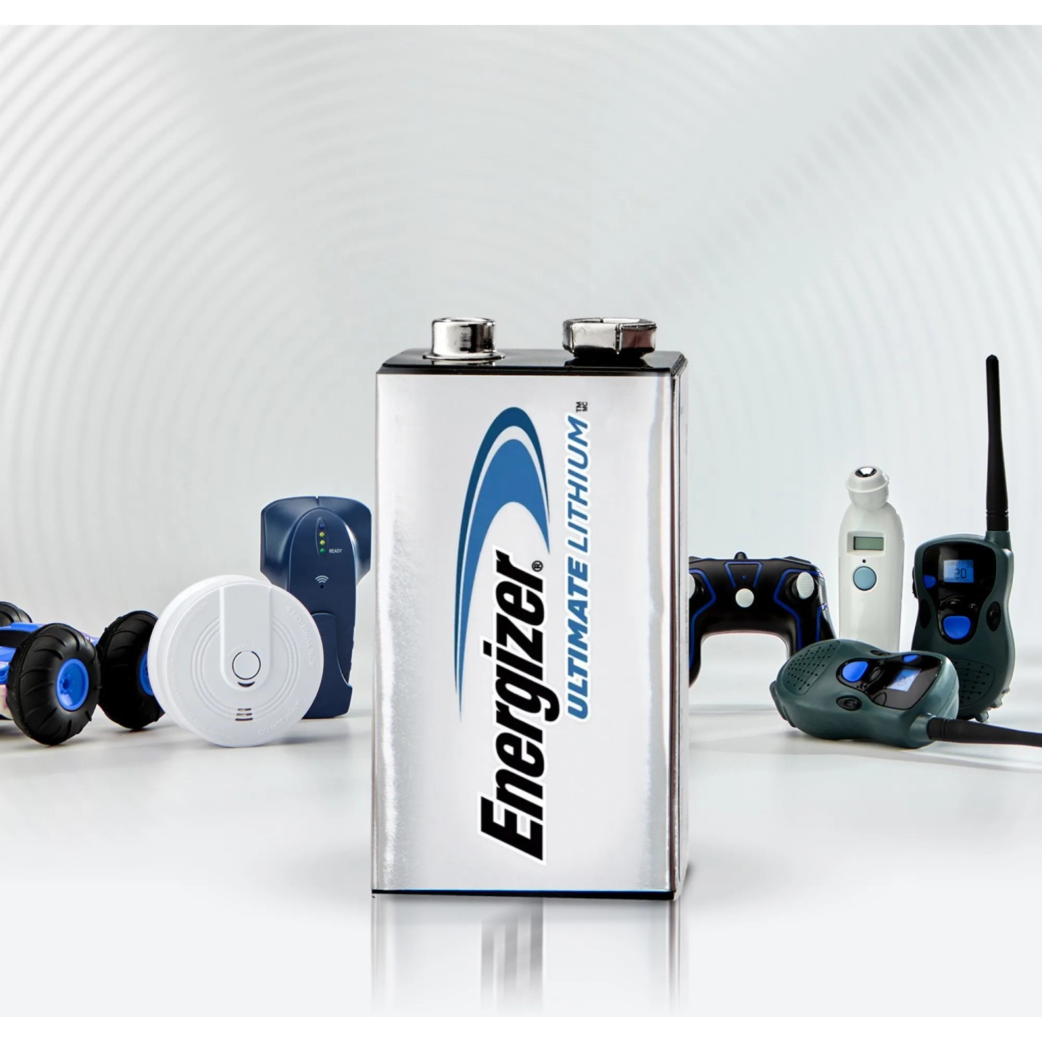 Batteria Energizer Ultimate Lithium 9V, ideale per rilevatori di fumo e dispositivi audio.