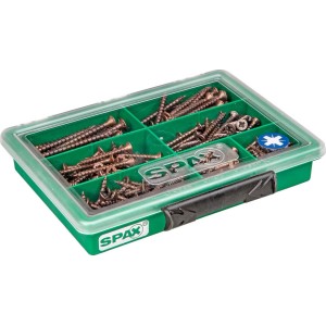 Scatola assortita con varie viti per legno SPAX, ordinate per dimensione e tipo.