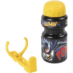 Borraccia Batman con supporto, tappo giallo, design a fumetti.