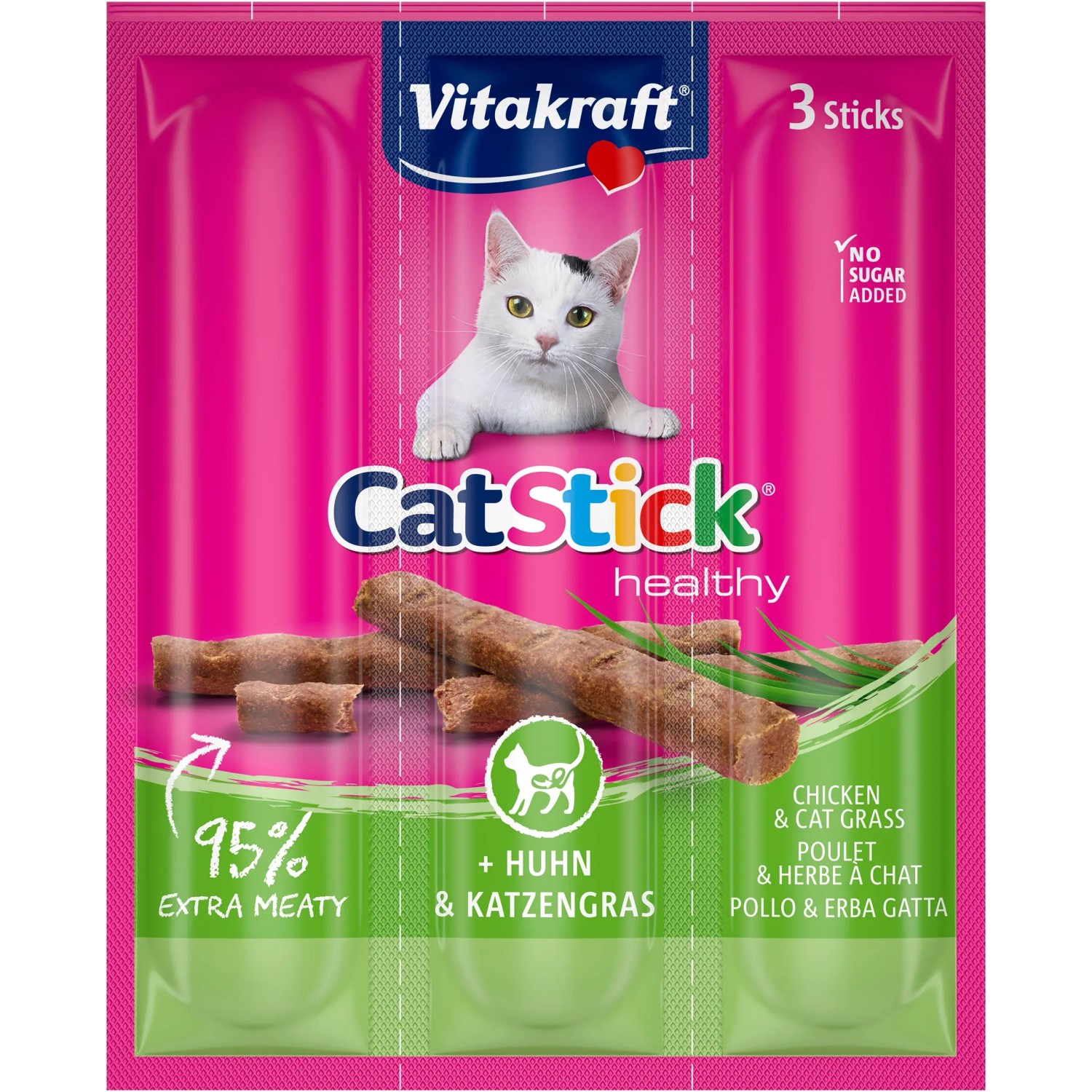 Vitakraft Cat Stick Pollo & Erba Gatta, confezione da 3. Snack per gatti extra carnoso.