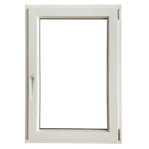 Finestra in PVC bianca con maniglia e telaio, vista dettagliata.